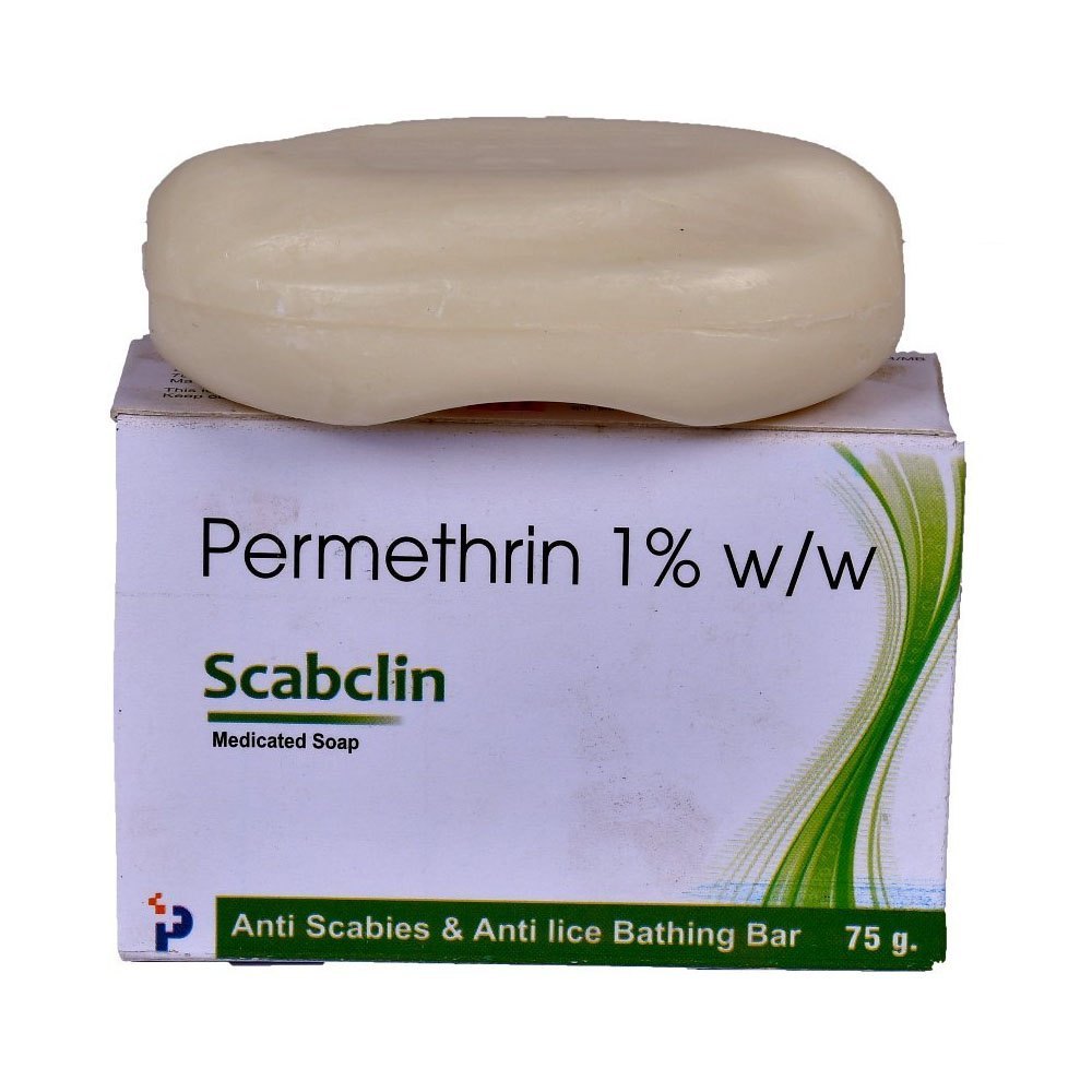 Permethrin anti-scabies soap packaging and product image